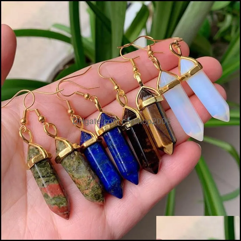 designer hexagon stone pendulum charms earrings rose quartz turquoise lapis lazuli gold plated healing crystal dangle brand jewelry for