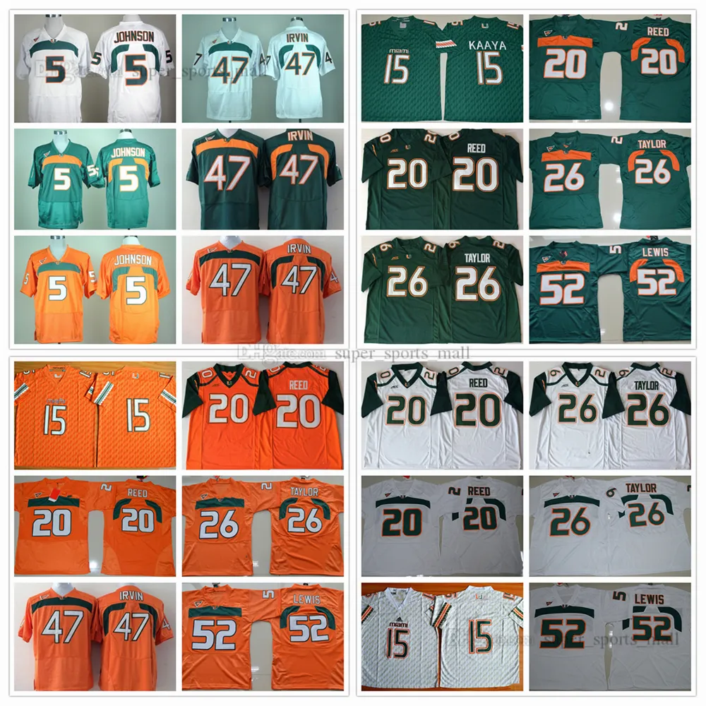 NCAA BRAD KAAYA JERSEYS ميامي الأعاصير كلية كرة القدم 20 ed reed 52 راي لويس جيرسي acc برتقالي أخضر أبيض 26 شون تايلور 5 أندريه جونسون 47 مايكل ايرفين