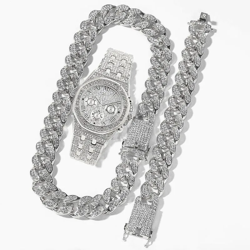 Kedjor Kubansk länkkedja Iced Out Klocka Smyckesset för män Halsband+klocka+armband Hip Hop Miami Rhinestone African Choker