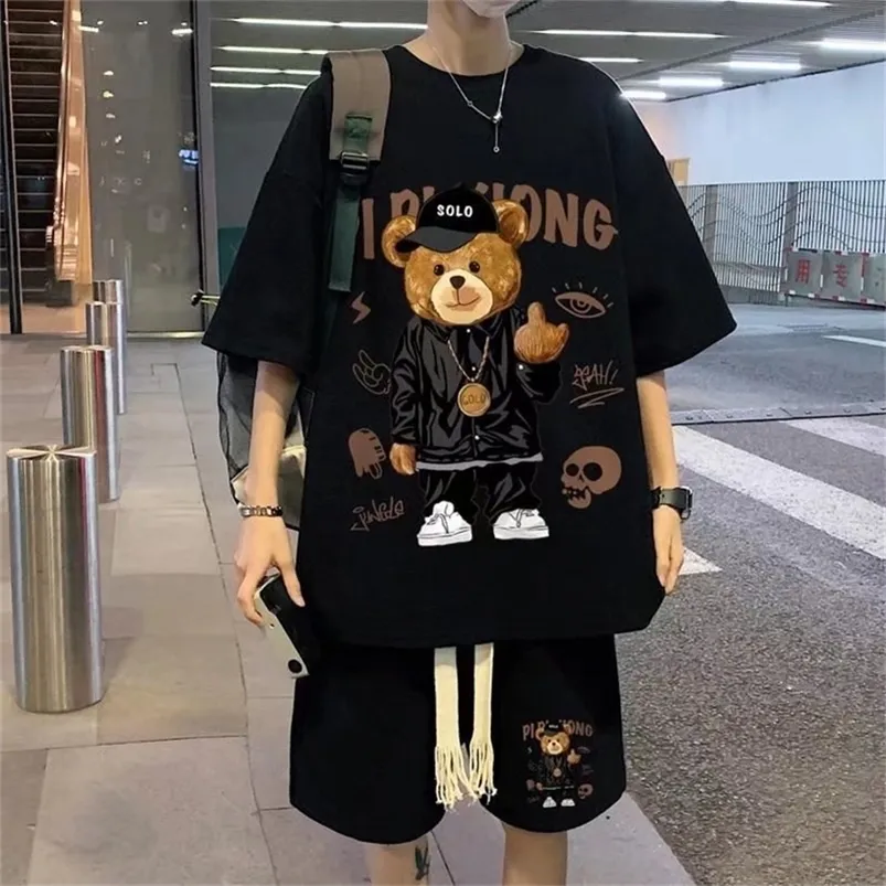 Men's Tracksuits Korean Fashion Streetwear Hip Hop Rock Casual Short Suit Funny Bear Tshirts Shorts 2 Piece Set Summer Tracksuit clothes For Men 220826