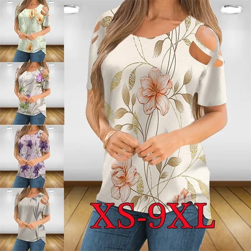 Mujeres sueltas impresas mangas cortas sin tirantes moda más tamaño verano casual camiseta XS 9XL 220628