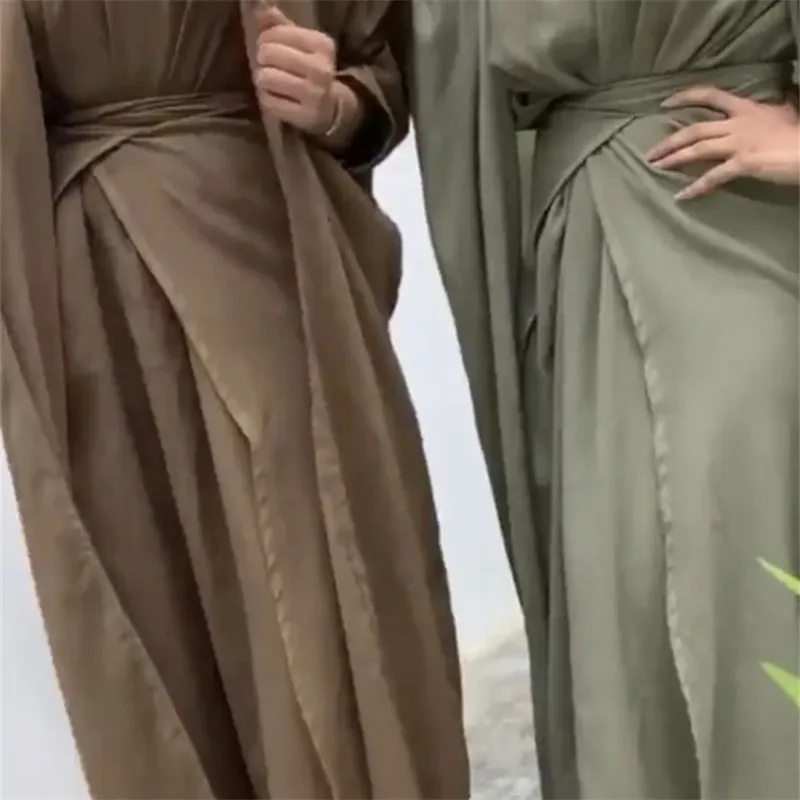 3 Parça Eşleştirme Seti Kadın Müslüman Keten Dubai Arap Mütevazı Kıyafet Kimono Açık Abaya Maxi Elbise Şal Kravat Etek Ramazan Bayram Partisi 220713