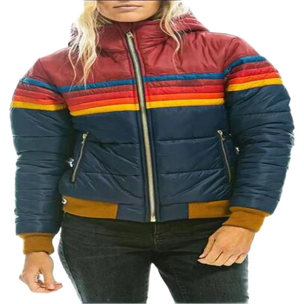 Damen-Daunenparkas, modisch, für Damen und Mädchen, Regenbogenstreifen, Reißverschluss, mit Kapuze, baumwollgepolsterte Kleidung, koreanische Version, Vintage, schlanke Oberbekleidung, Übergröße XS-3XL