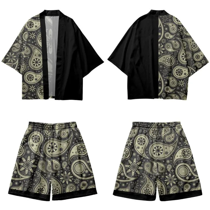 Etniska kläder skarv med cashew tryckta par kvinnor män japanska kimono casual lös kofta och strandshorts set asiatiska kläder harajukuet