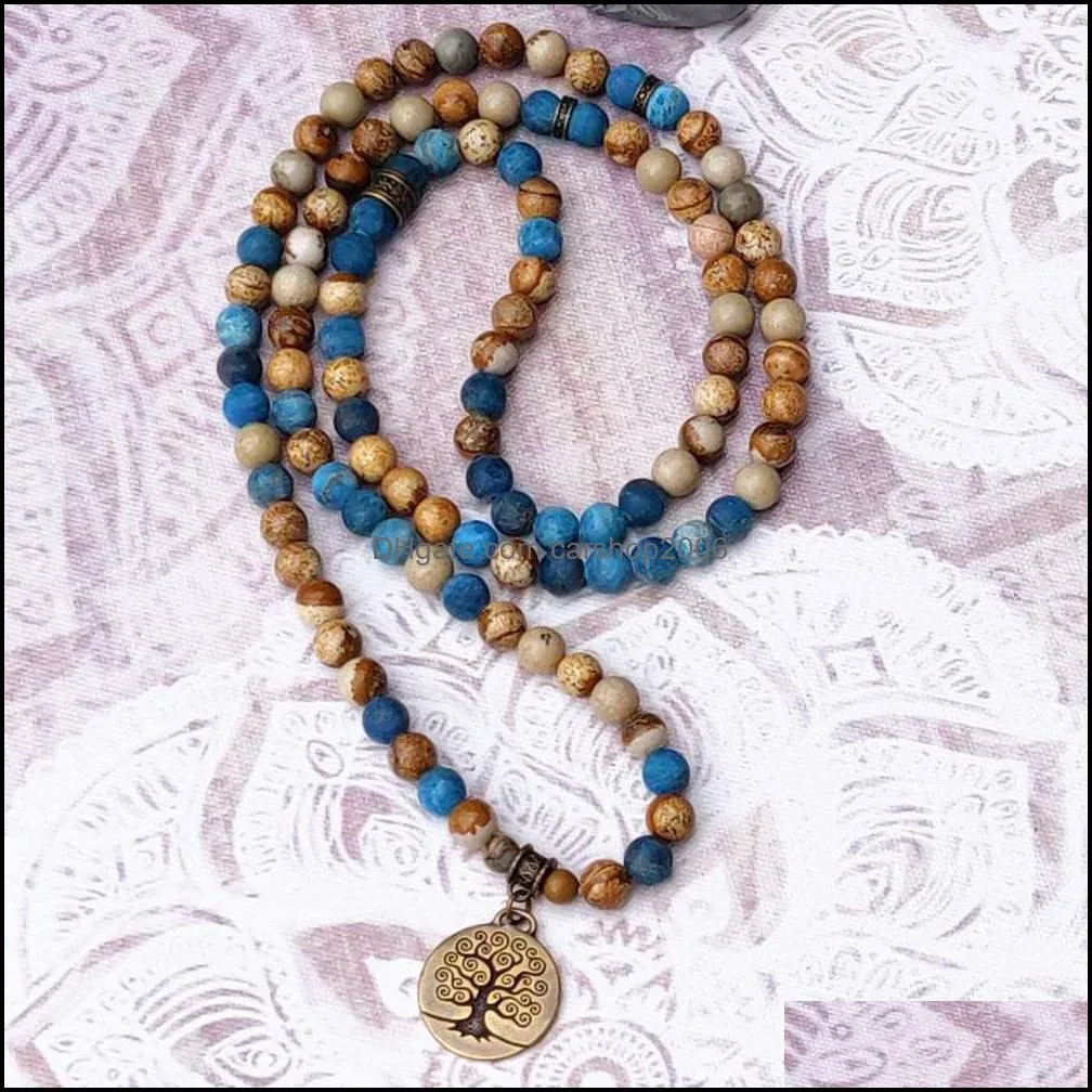 MG0829 6 MM Matte Picture Jasper 108 Mala Yoga Jewelry Natural Apatite Wrap Bracelet Trendy Design Tree of life Chram Bracelet