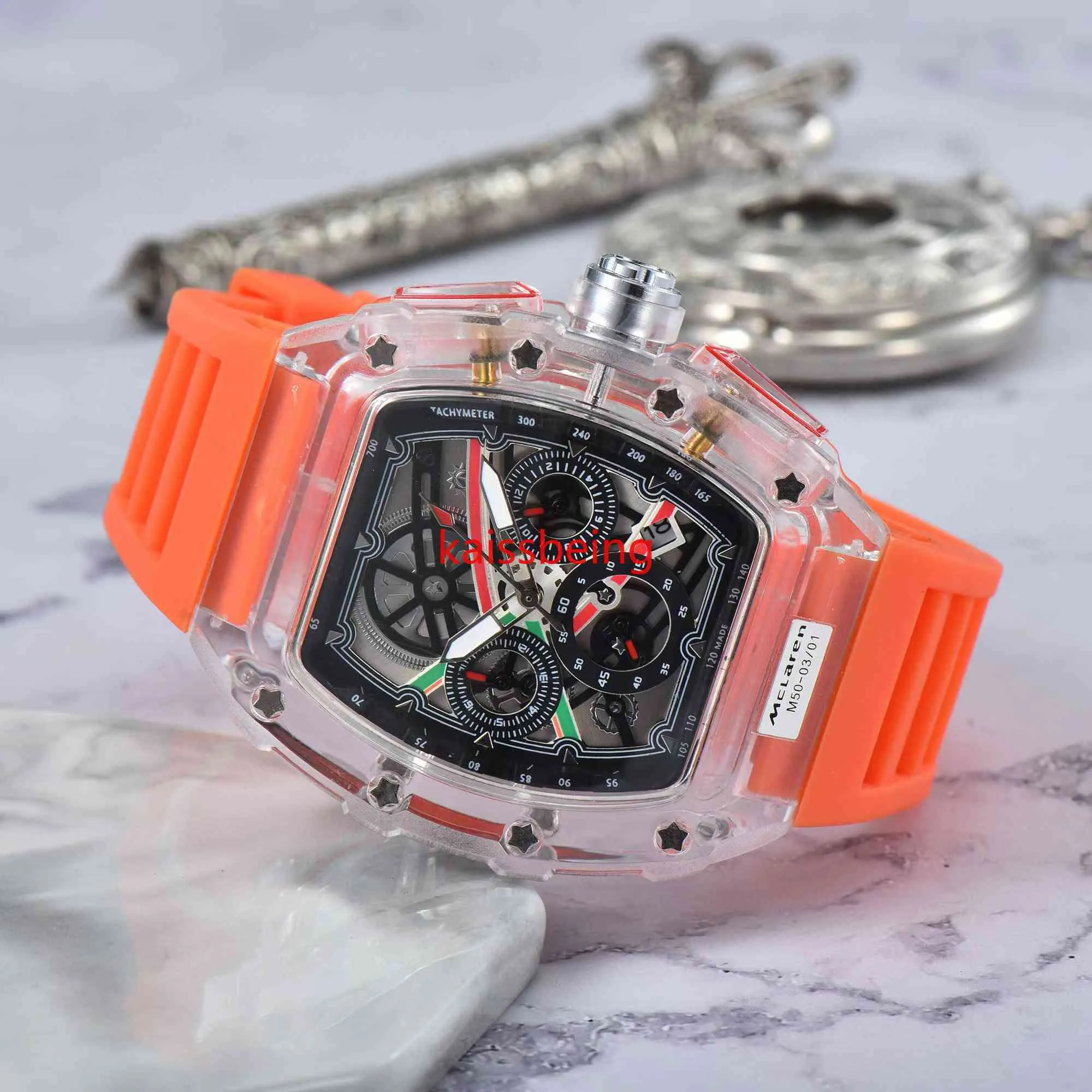 Mens Watch Luxury Designer Sport Watches Fashion Transparent Case 44mm Chronograph Arvurs Silicone Strap Quartz Men Clock2992