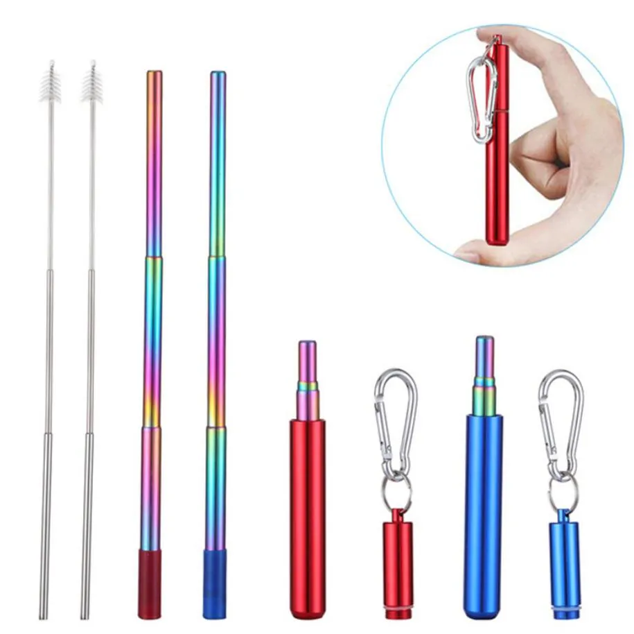 Pailles réutilisables en acier inoxydable avec porte-clés en aluminium Brosse de nettoyage Pliable Télescopique Portable Boire