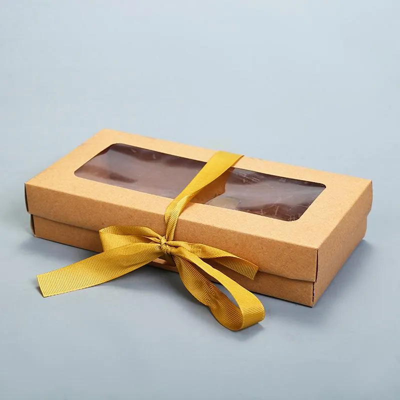 Gift Wrap 100Pcs/Lot Brown Kraft Paper Box With Window Silk Ribbon Packaging Carton Paperboard BoxGift