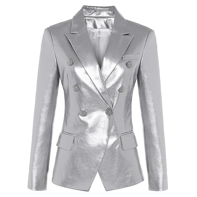 Newest Fall Winter 2020 Designer Blazer Jacket Women s Lion Metal Buttons Double Breasted Synthetic Leather Blazer Overcoat LJ201021