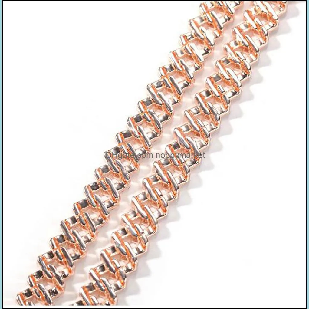  Rose Gold 12mm Cuban Link Pink Rhinestone Necklace Chain Full Bling Punk Charm Hiphop Jewelry 16-24inch