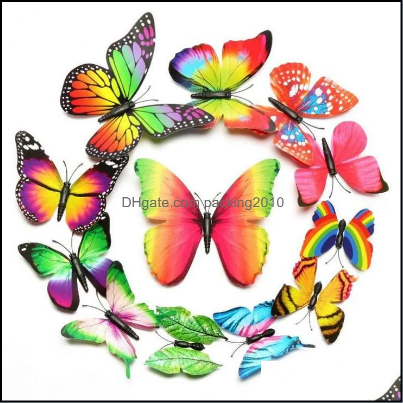 12 pcs/lot 3d butterfly rainbow wall stickers fridge decal art colorful wallpaper for living room tv background home decoration