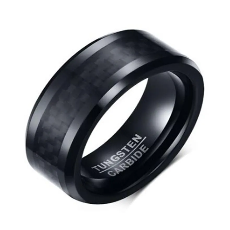 Trouwring afgeschuinde rand 8mm Comfort Fit Mens Black Tungsten Carbide Weeding Band Ring met zwarte koolstofvezel236b