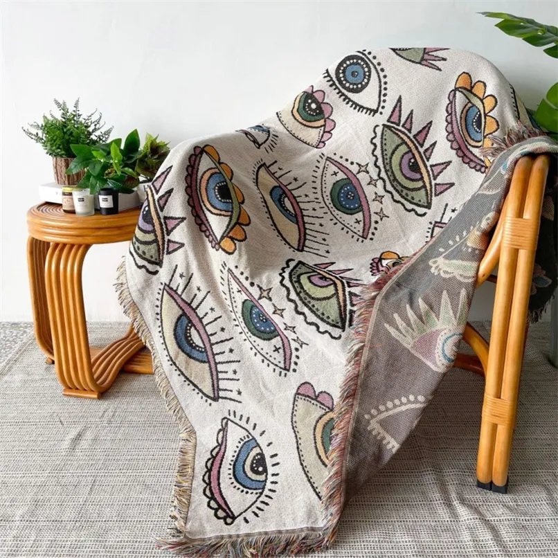 Mystical Eyes Pattern Woven Wall Carpet Sofa Bed Room Decor Tassel Thread Blanket Large Throw Tapestry Picnic Mat 220616