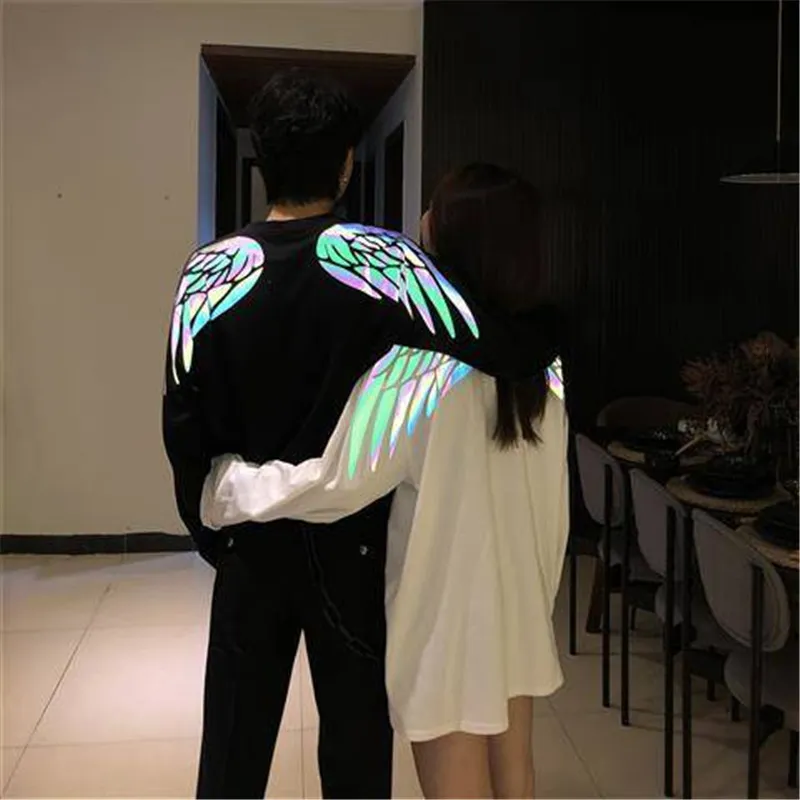 T Shirt For Girls Couple Wing Reflective Printed TShirt Japan Harajuku Tshirt Autumn Long Sleeve Tops Tees Hip Hop T Shirt Male 220608