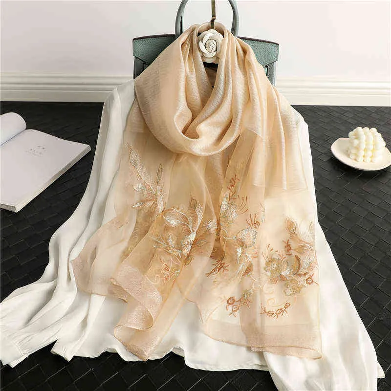 2022 Floral Embroidery Silk Scarf Hijab Women Summer Thin Foulard Bufanda Headscarf Lady Elegant Pashmina Spring Bandana J220713