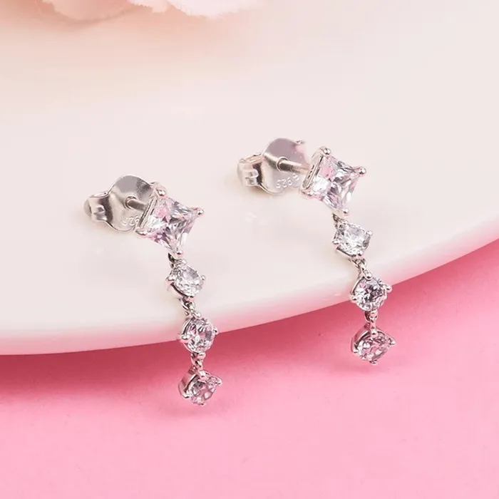 Authentic 925 Sterling Silver Sparkling Round Square Drop Dangle Earrings luxury for Women 2022 New Girls Fit Pandora Fashion Jewelry Brincos 290045C01