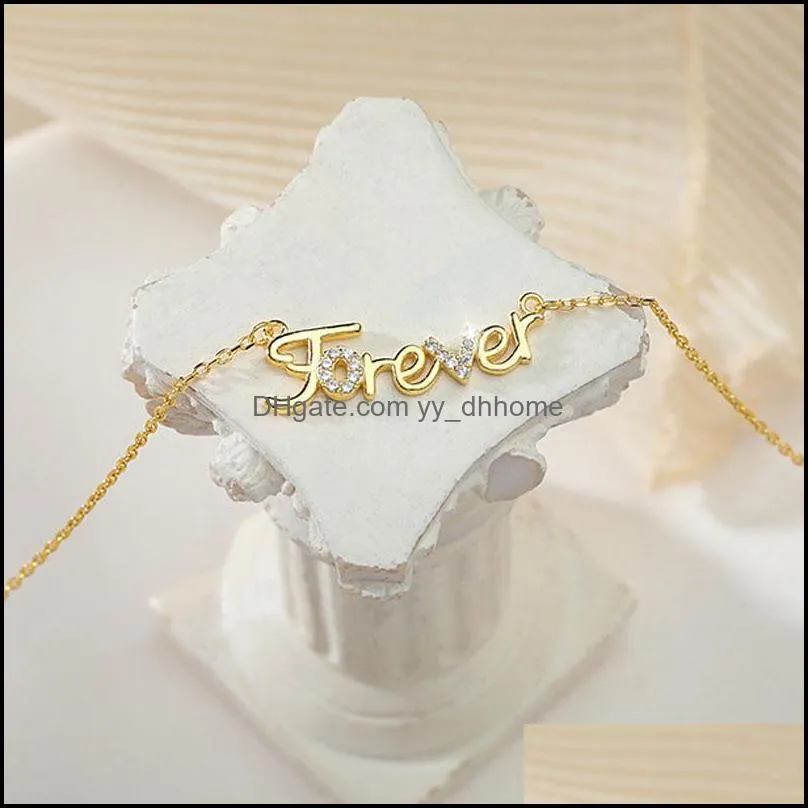 100% Genuine 925 Sterling Silver Link Chain Necklaces for Women Ladies INS Zircon Forever Letters Pendant Necklace YMN213