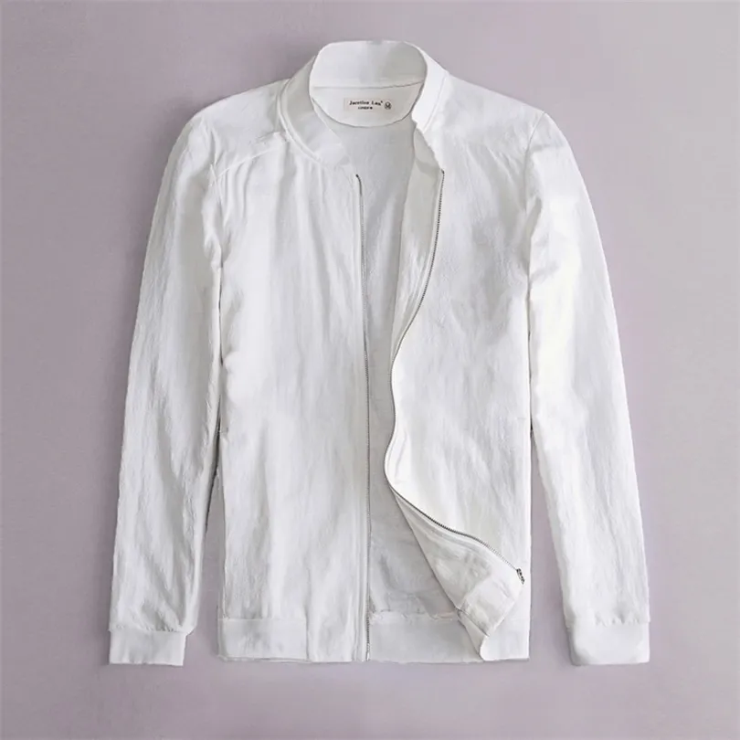 Trend Baumwolle und Leinen Jacke Männer Marke weiße Jacken für Männer Herbst Frühling Langarm Jacke Herren Stehkragen Jacken T200117