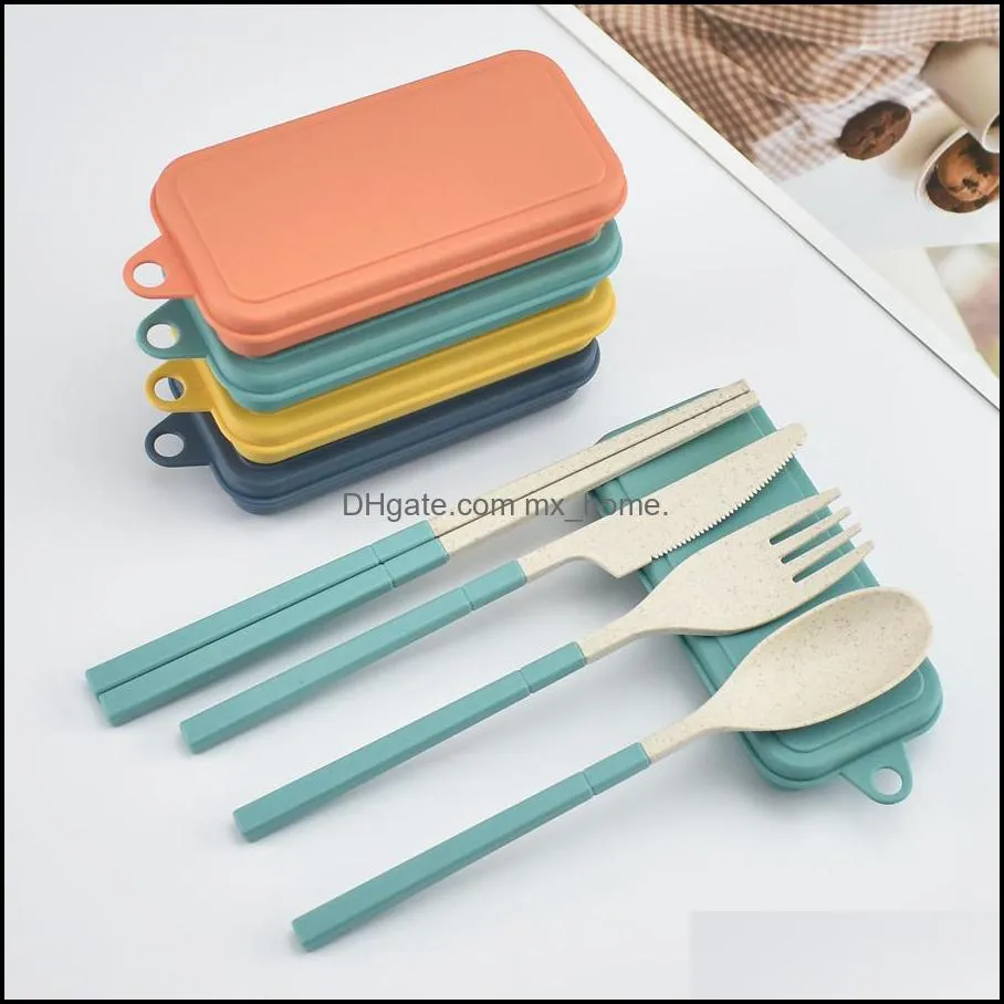 Wheat Straw Folding Cutlery Set Kids Knife Fork Spoon Chopsticks Portable Dinnerware Kits Flatware Set for Travelling Camping RRA4616