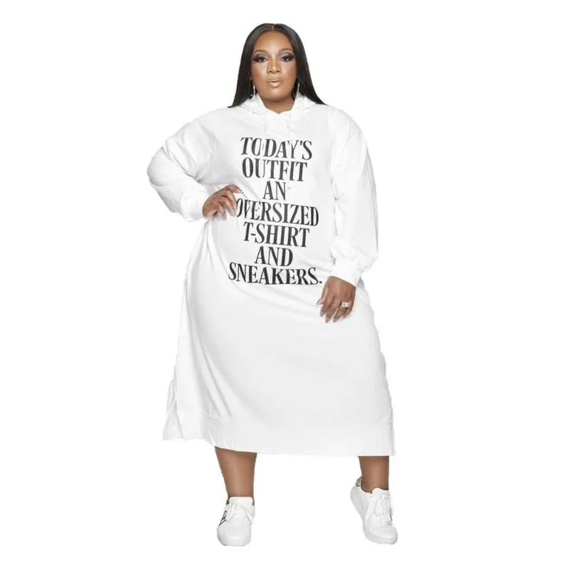 Plus Size Dresses 2022 Women Clothing Hoodies Tracksuit Letter Print Loose Casual Pockets Maxi Dress Urban