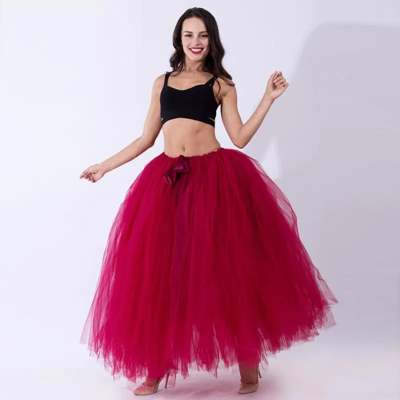 스커트 수제 재고 와인 레드 Pleated Maxi Tulle Womens 우아한 빅 스윙 롱 하이 웨이스트 성인 투투 스커트 스커트 스커트