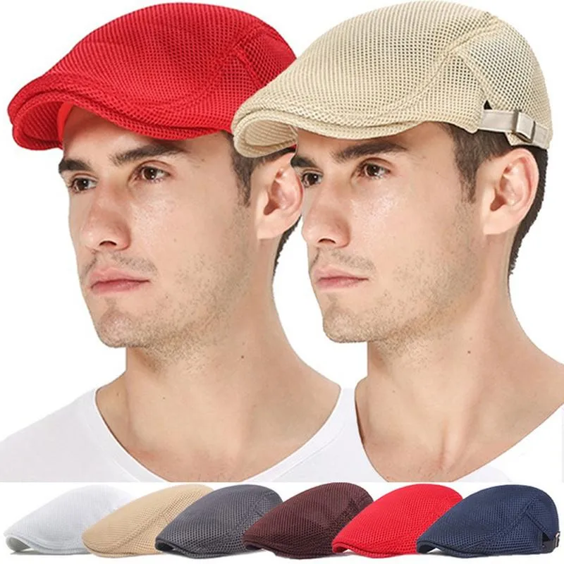 Berets Sumemr Man Mesh British Vintage Flat Caps Gatsby Male Solid Color Gray Black Spring Autumn Adjustable Driver HatsBerets