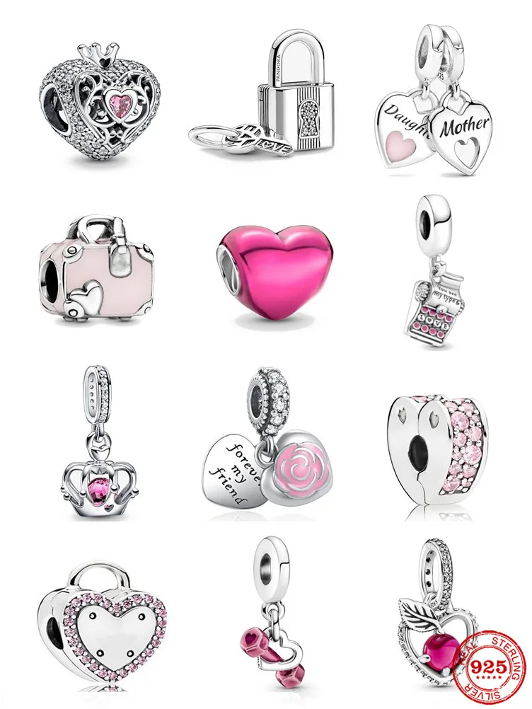 Brand New 925 Sterling Silver Family Mom Daughter Charm Pink Crown Pendant Love Clip Beads for Original Pandora Bracelet DIY Jewelry