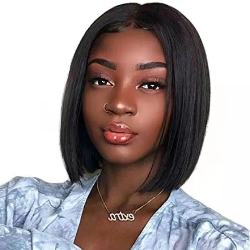 Short Straight Bob Human Hair Wig Pre Plucked Remy Brazilian T Part Lace Black Wigs For Women