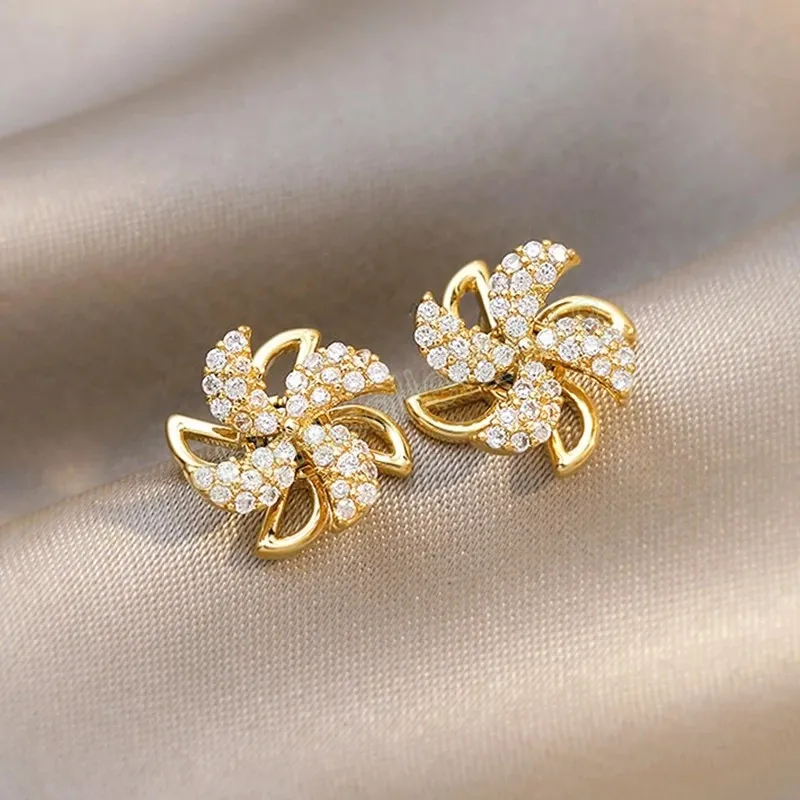 Crystal Windmill Earrings Rotating Wind Leaf Ear Studs Double Snowflake Earring Temperament Women's Party Ear Jewelry