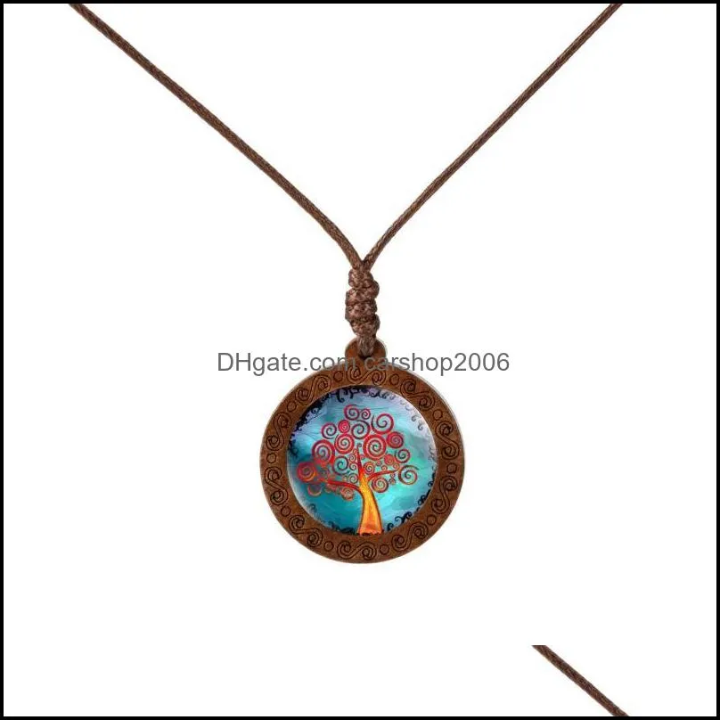 Pendant Necklaces Vintage Art Tree Painting Glass Cabochon The Of Life Jewelry Rope Chain Wooden Charm Statement Necklace Gifts N052