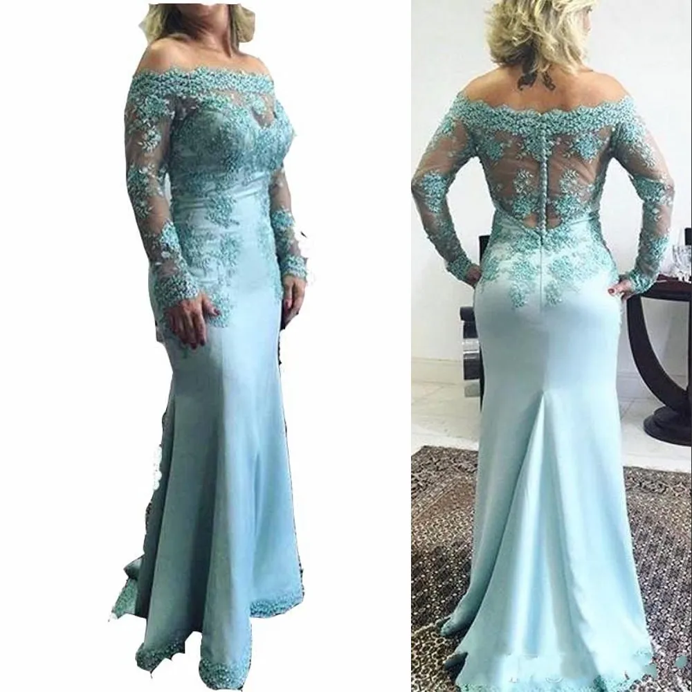 2022 Vintage Turquoise Moeder van de Bruid Jurken Off Schouder Kant Applicaties Crystal Kralen Lange Mouwen Mermaid Plus Size Feestjurk Bruiloft Gastjurken