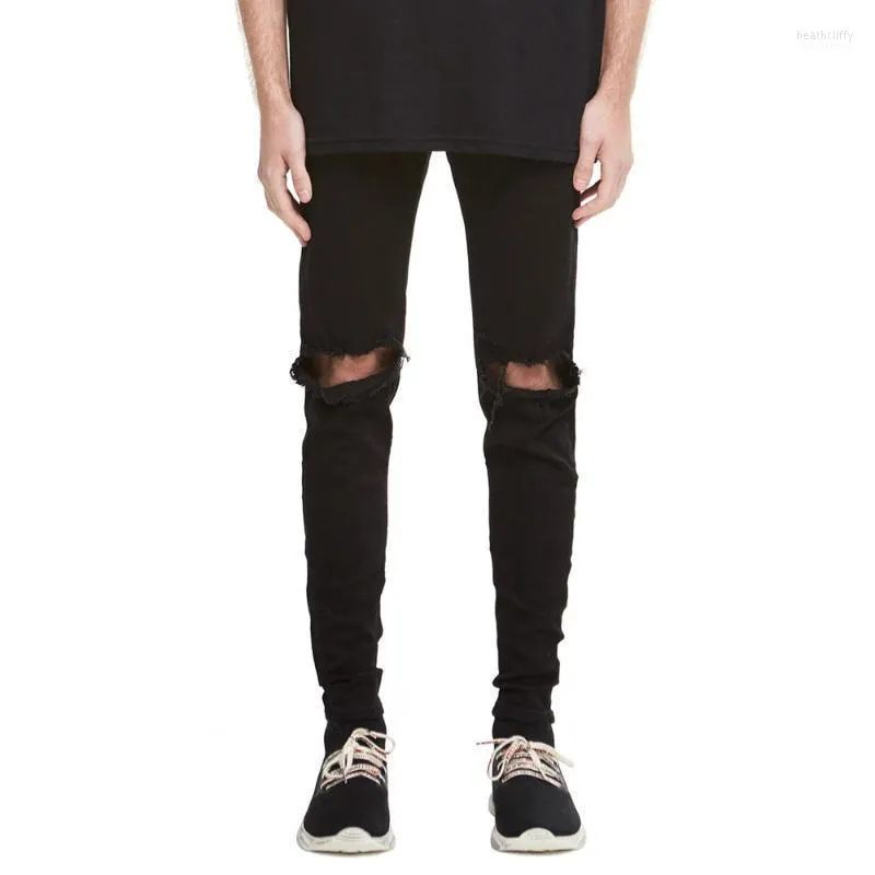 Jeans pour hommes High Street Fashion Y2K Streetwear Black Ripped Mid-Rise Skinny Pantalon pour MenMen's Heat22