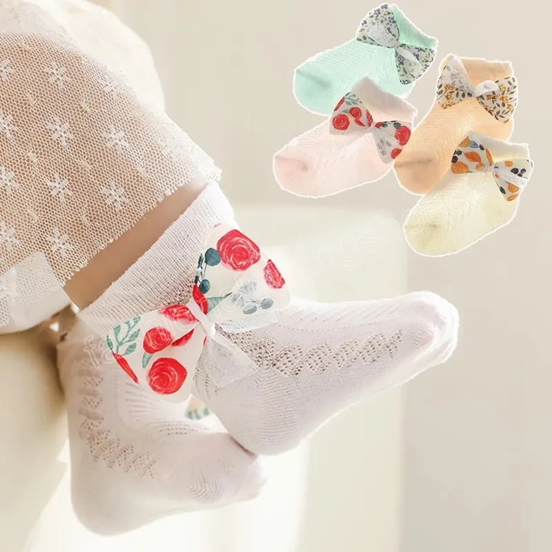 Mignon fleur nœud papillon bébé chaussette été maille respirant filles garçons chaussettes courtes dentelle douce nouveau-né enfant en bas âge chaussettes