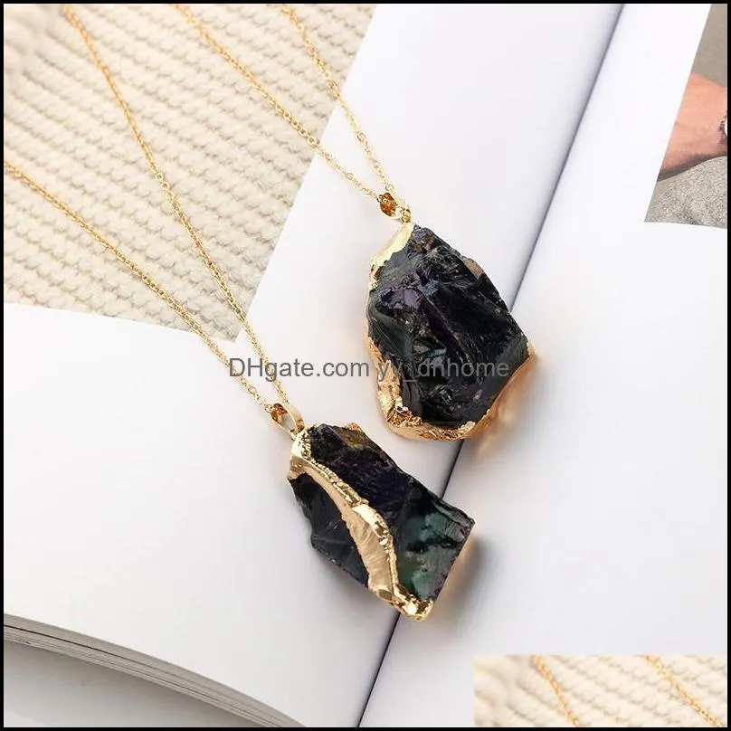 Fashion Black Natural Stone Pendant Necklace Natural crystal Original Stone Gold Side Necklace For Women Jewelry