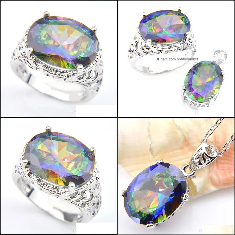 Luckyshine Rings Pendanta Sets Oval Rainbow Natural Mystic Topaz Gems 925 Sterling Silver Plated For Women Zircon Sets Free shippings