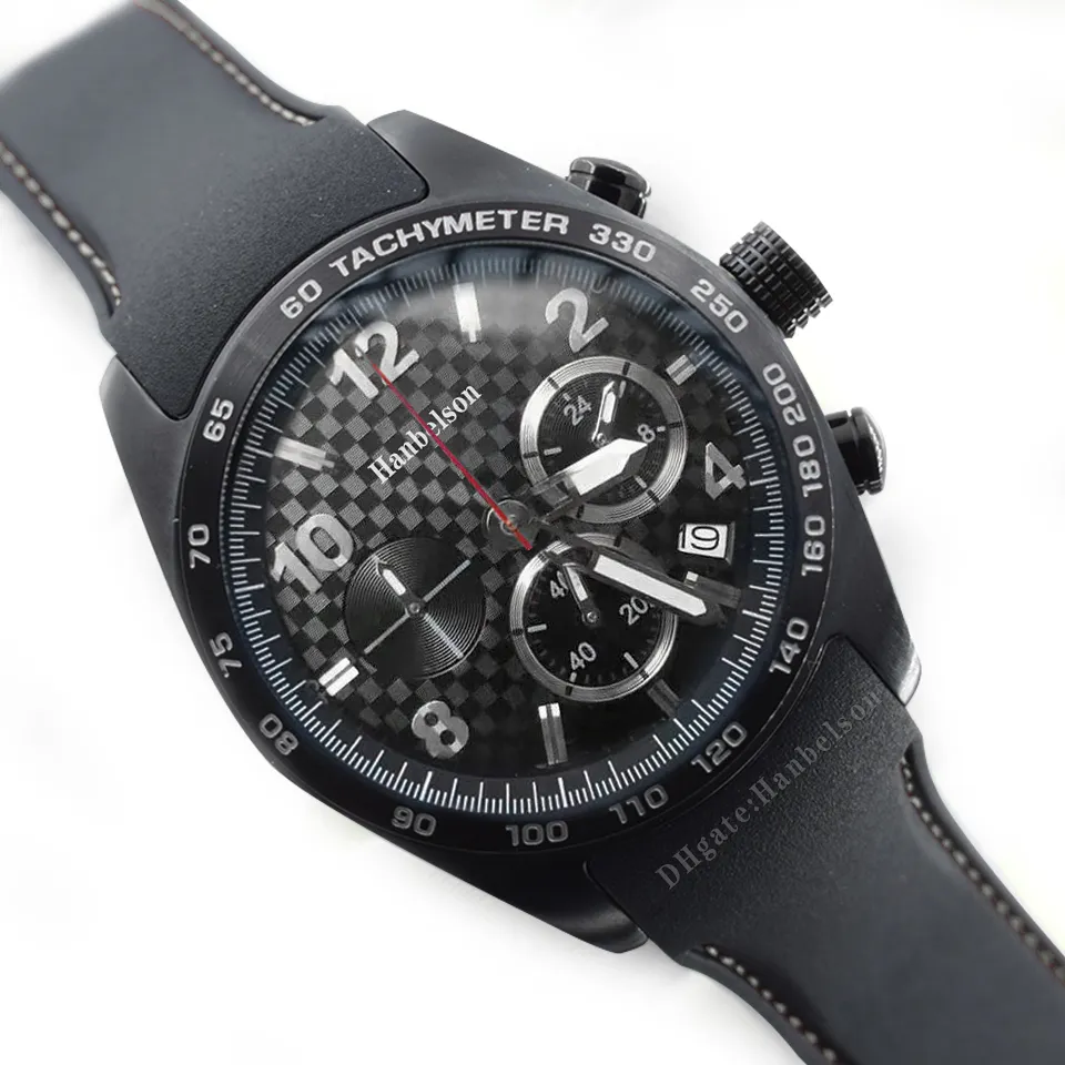 Relojes para hombre Fiber Black Dial estilo de carreras deportivas Japón VK Movimiento de cuarzo Cronógrafo multifuncional Correa de caucho Relojes de pulsera de 45 mm