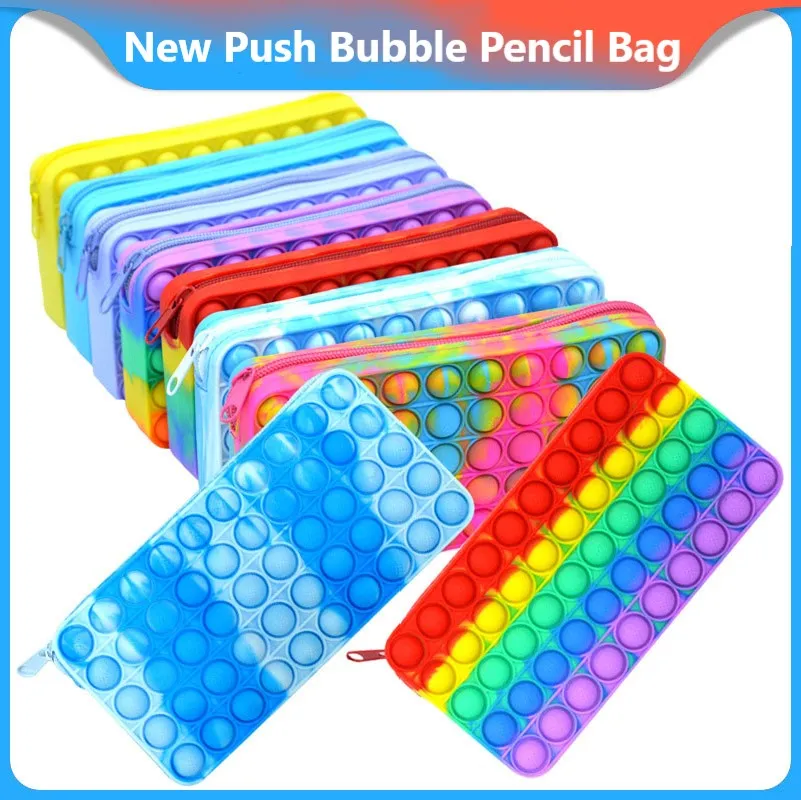 Kinderen Tie kleurstof Push Bubble Pencil Tas Case Fidget speelgoed Siliconen Regenboog Vinger Toys School Pouches Handtas Stijlen Party Gunstcadeaus