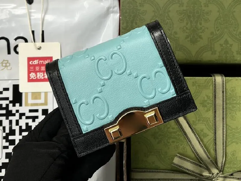 Реалфиновые кошельки 5A 676150 11CM Card Case Soild Blue Relaceed Кожаный черный кошелек для женщин с коробкой с пылью сумки