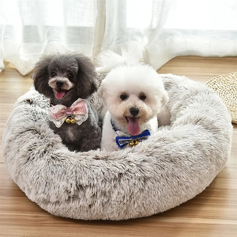Round Fluffy Dog Cats Nest Long Plush Pet Bed House Deep Sleep Pet Kennel Lounger Sofas for Chihuahua Bichon Squirrel Animals 201225
