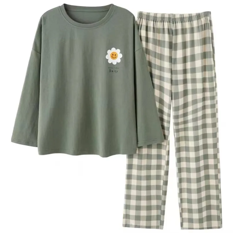 Vår Höst Kvinnor Sömn Lounge Pajama Långärmad Set Tecknad Pyjamas Polyester Sleevkläder Hemkläder 3XL 5XL Fashion 220329