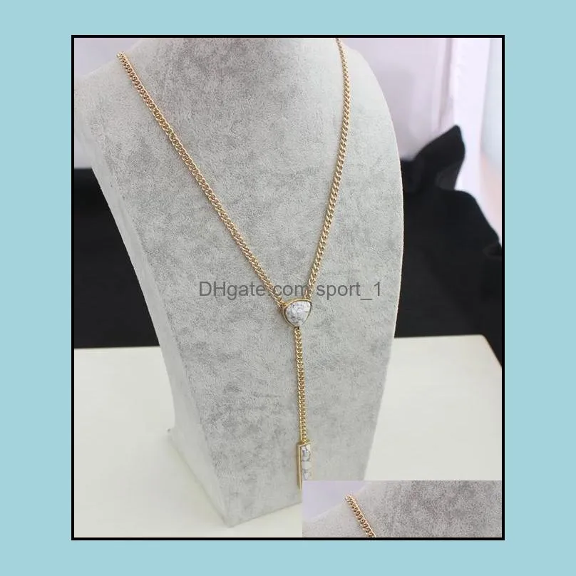 Fashion Natural Stone White Turquoise Necklace Gold Metal Long Chain Sweater Statement Necklace for women jewelry