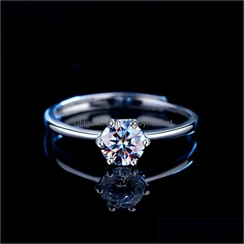 Boda clásica Sólido 925 Sterling Sier Six Claws Cubic Zirconia Anillos abiertos para mujeres Sterling-Sier-Jewelry Anillos R444 Drop Delivery 2021