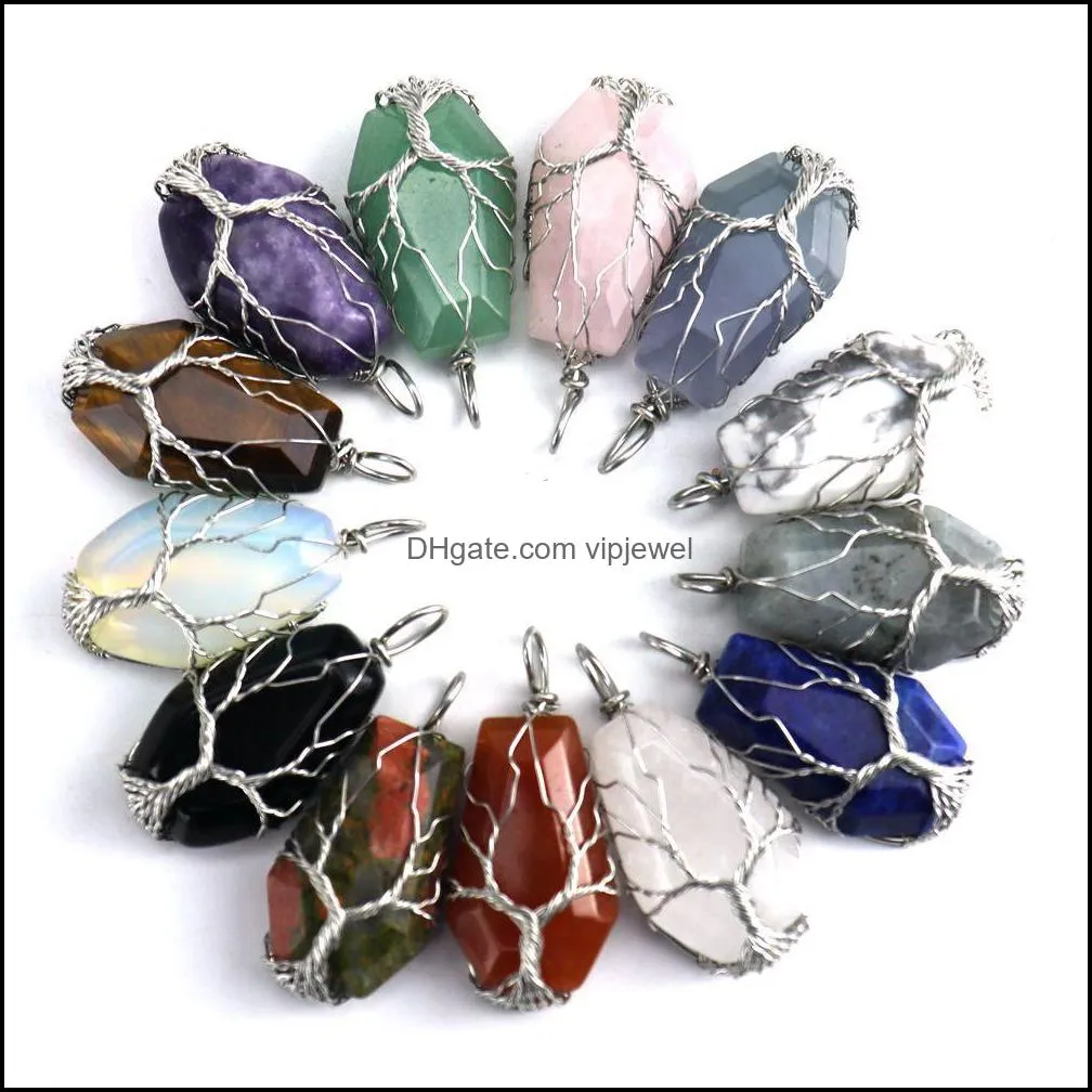wire wrapped coffin fortune tree of life charms natural stone pink quartz healing crystal tiger eye amethyst pendants for necklace jewelry