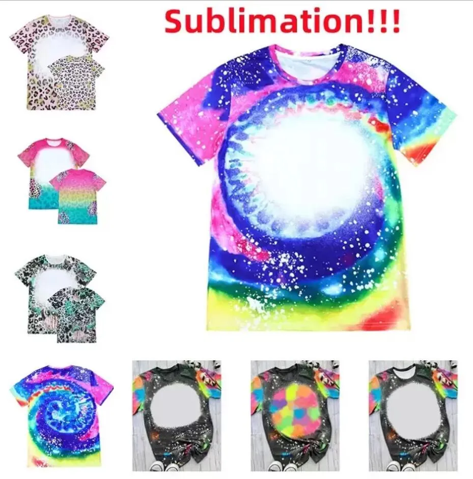 DHL Leopard Print Sublimation Bleached Shirts Heat Transfer Blank Bleach Shirt Bleached Polyester T-Shirts US Men Women Party Supplies colorful GG0228