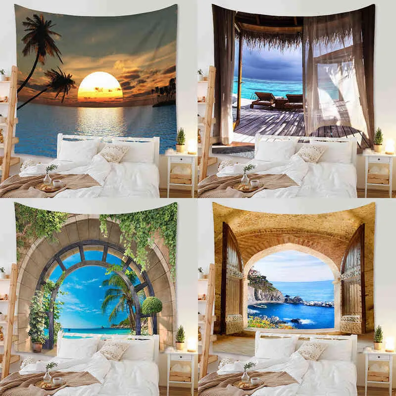 Plaży gobelin z widokiem na morze artystyczne ekrany dekoracyjne do dywanów ściennych dekoracja pokój fotograficzny wisiorek J220804