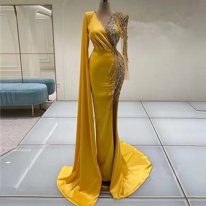 luxury modest evening dress long sleeve beaded elegant yellow mermaid gown party dresses women evening