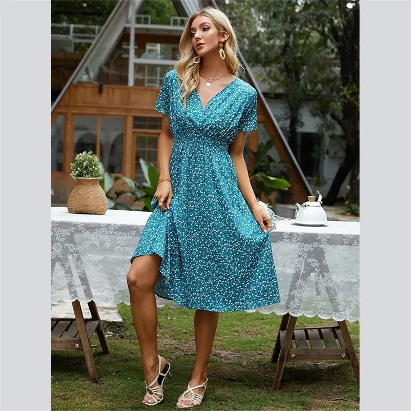 Chiffon Dress Summer Dress Retro Yellow Red Floral Print Female Casual V-neck Short-sleeved A-line Beach Long Robe Dress 220513