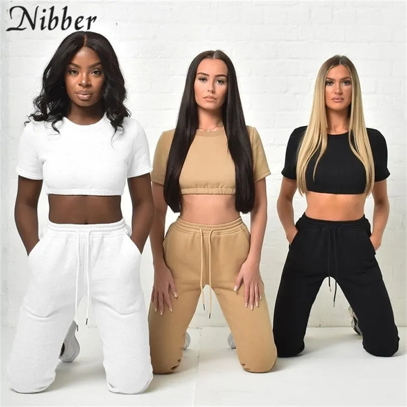 Nibber Women Casual Solid Tuta 2 Due pezzi Set Slim manica corta Crop Top e pantaloni a vita alta con coulisse Set coordinato 220602