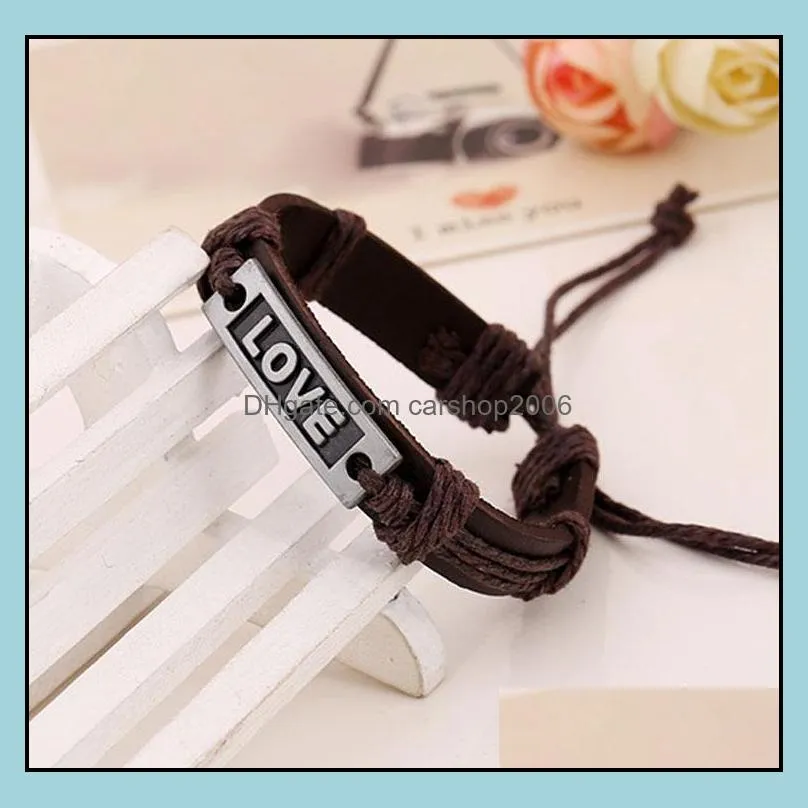 fashion brown leather rope braided handmade love charm bracelets jewerly punk bangle for women men unisex