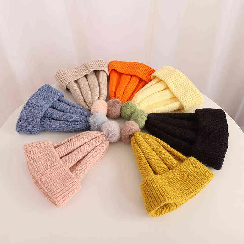 1-4y småbarn nyfödda nya söta baby barn pojkar flickor unisex stickad krok varm vinter beanie hatt godis färg pompom beanie cap j220722